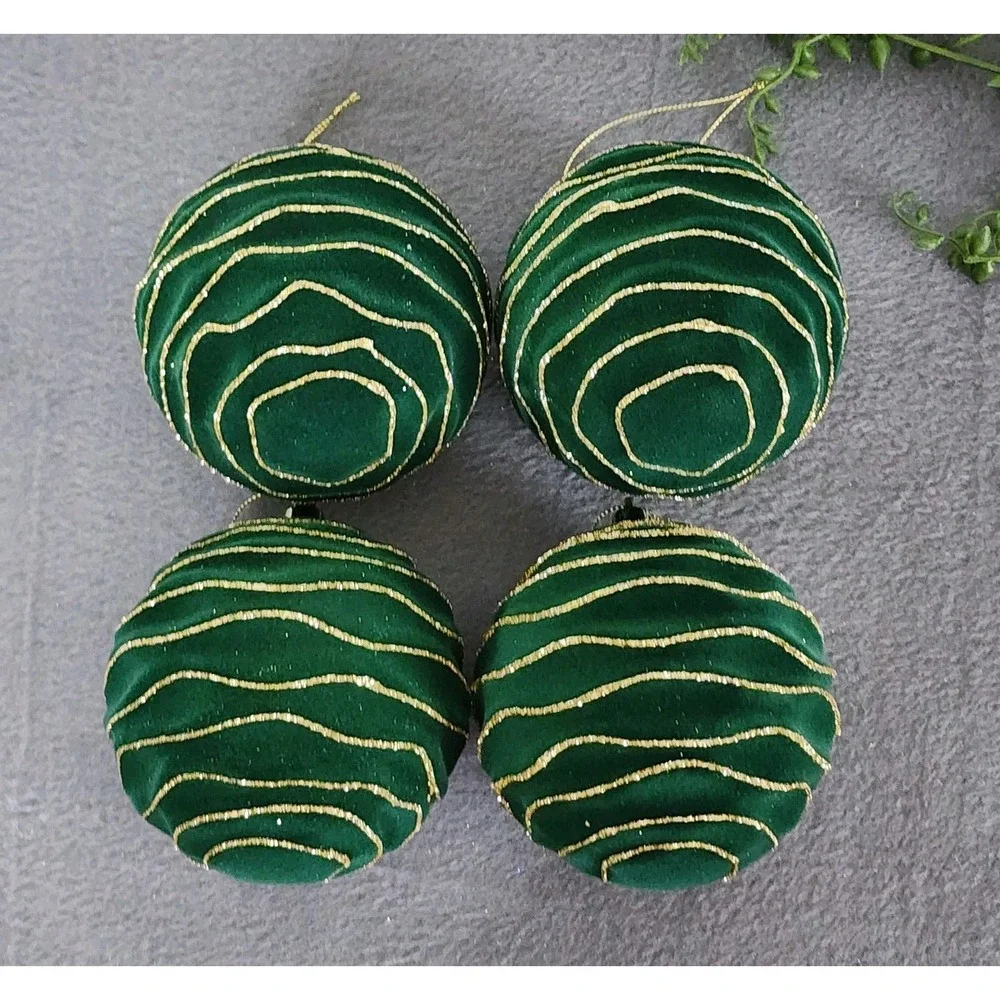 4 Green Velvet‎ Flocked Christmas Wavy Ball Ornaments Gold Glitter Plastic 4